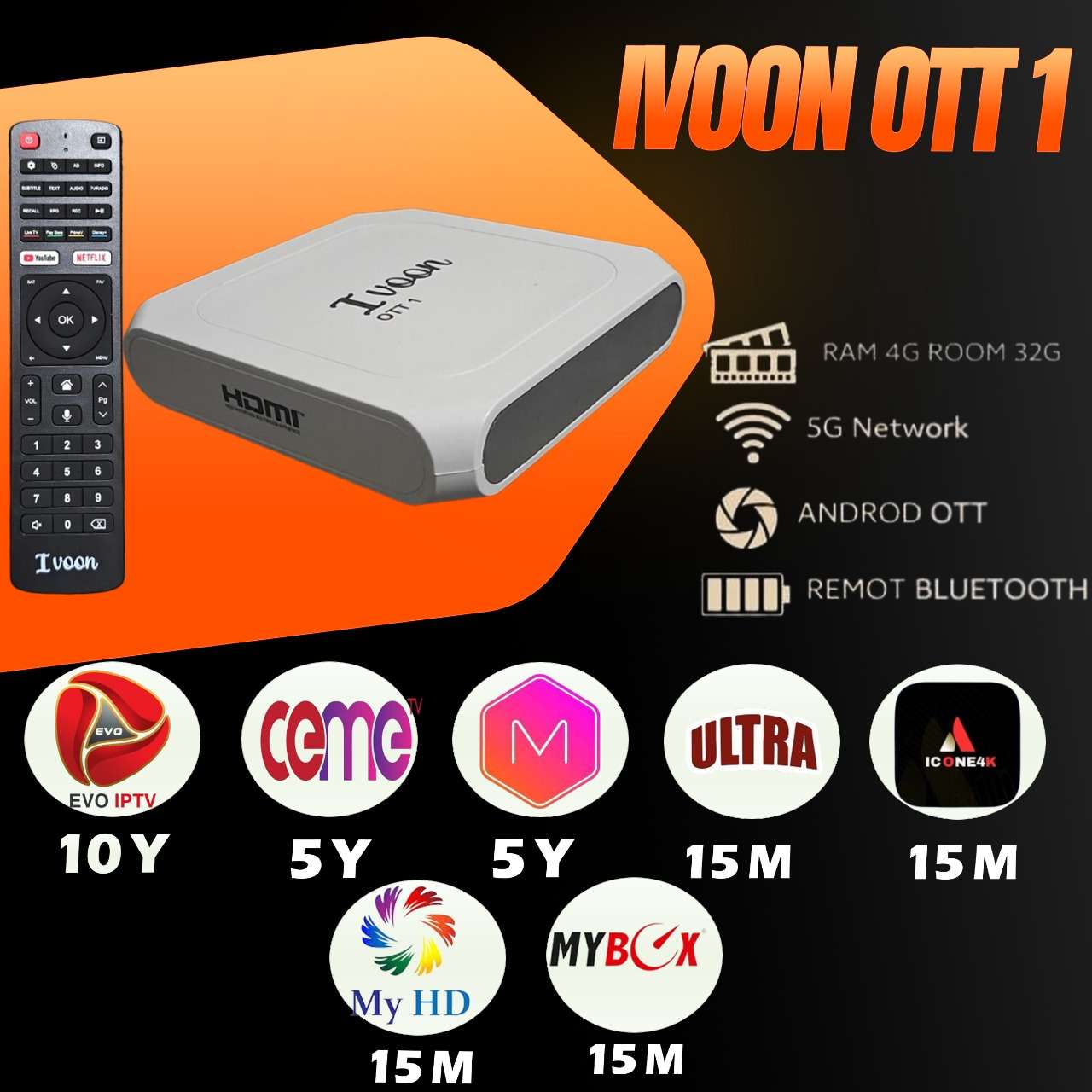 جهاز IVOON OTT 1 الذكي – اندرويد، 5G، ريموت بلوتوث + اشتراكات IPTV قوية لمدة 10 سنوات