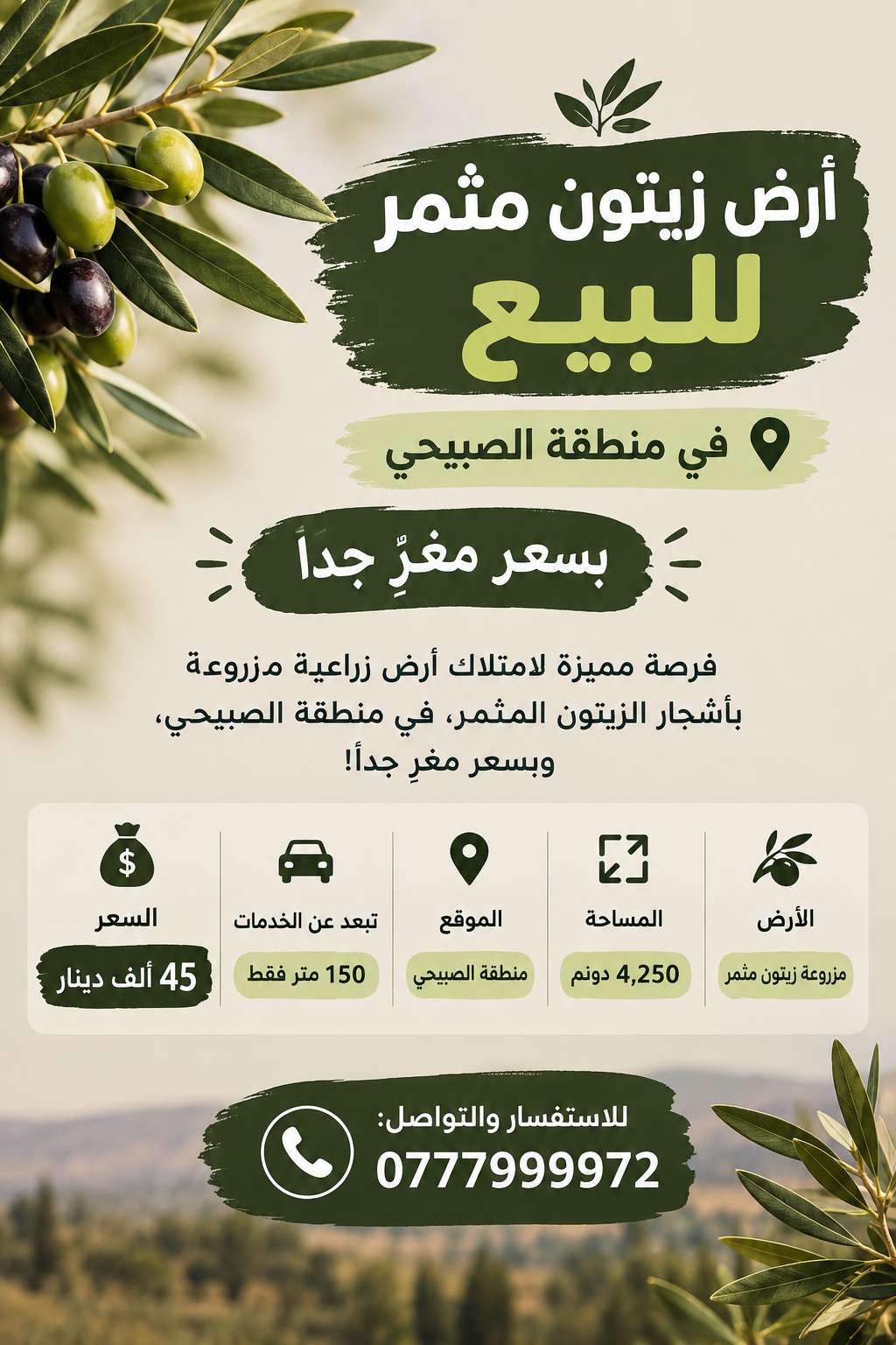🫒 قطعة أرض زراعية في الصبيحي بمساحة 4,250 دونم